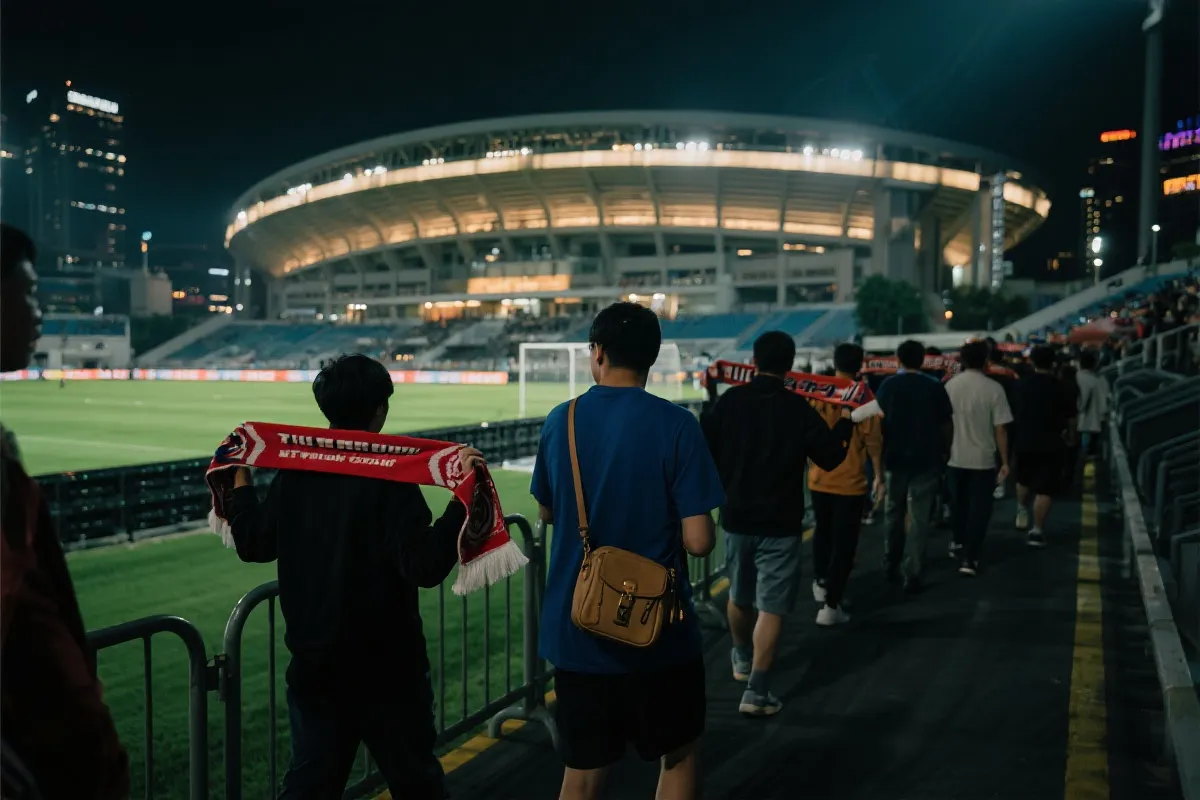 夜间比赛结束后球迷有序离场，手持围巾与小包，动线清晰